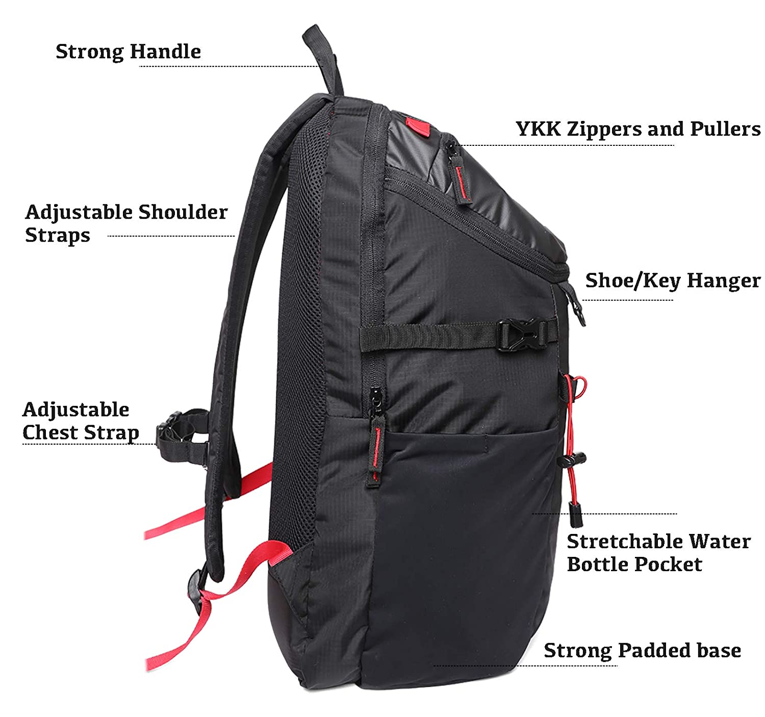 Side view of the 90HILLS backpack showing its handle, adjustable straps, zippers, side pocket and padded base